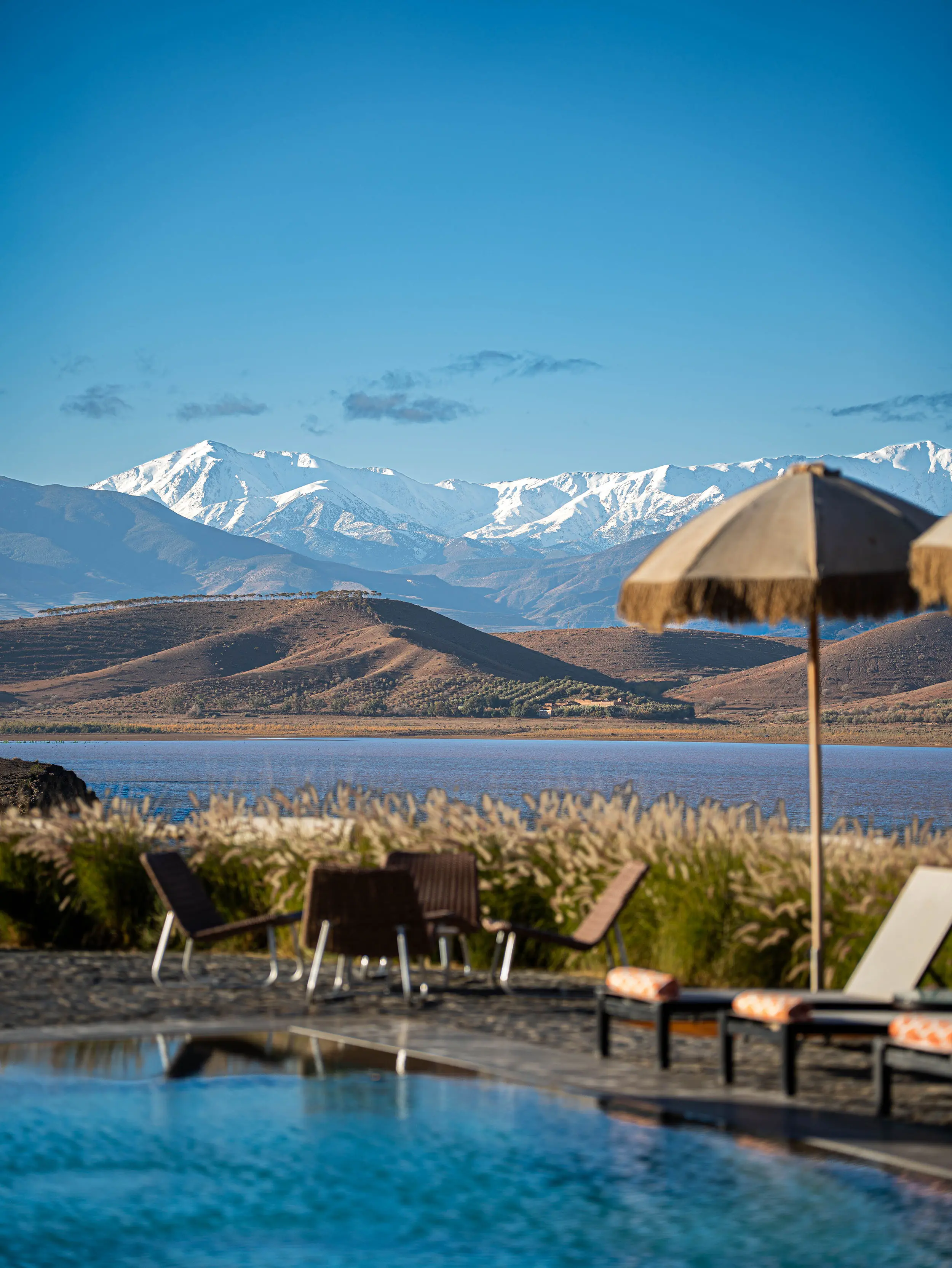 Beautiful view of Lac Takerkoust situated near the Agafay Desert and Marrakech